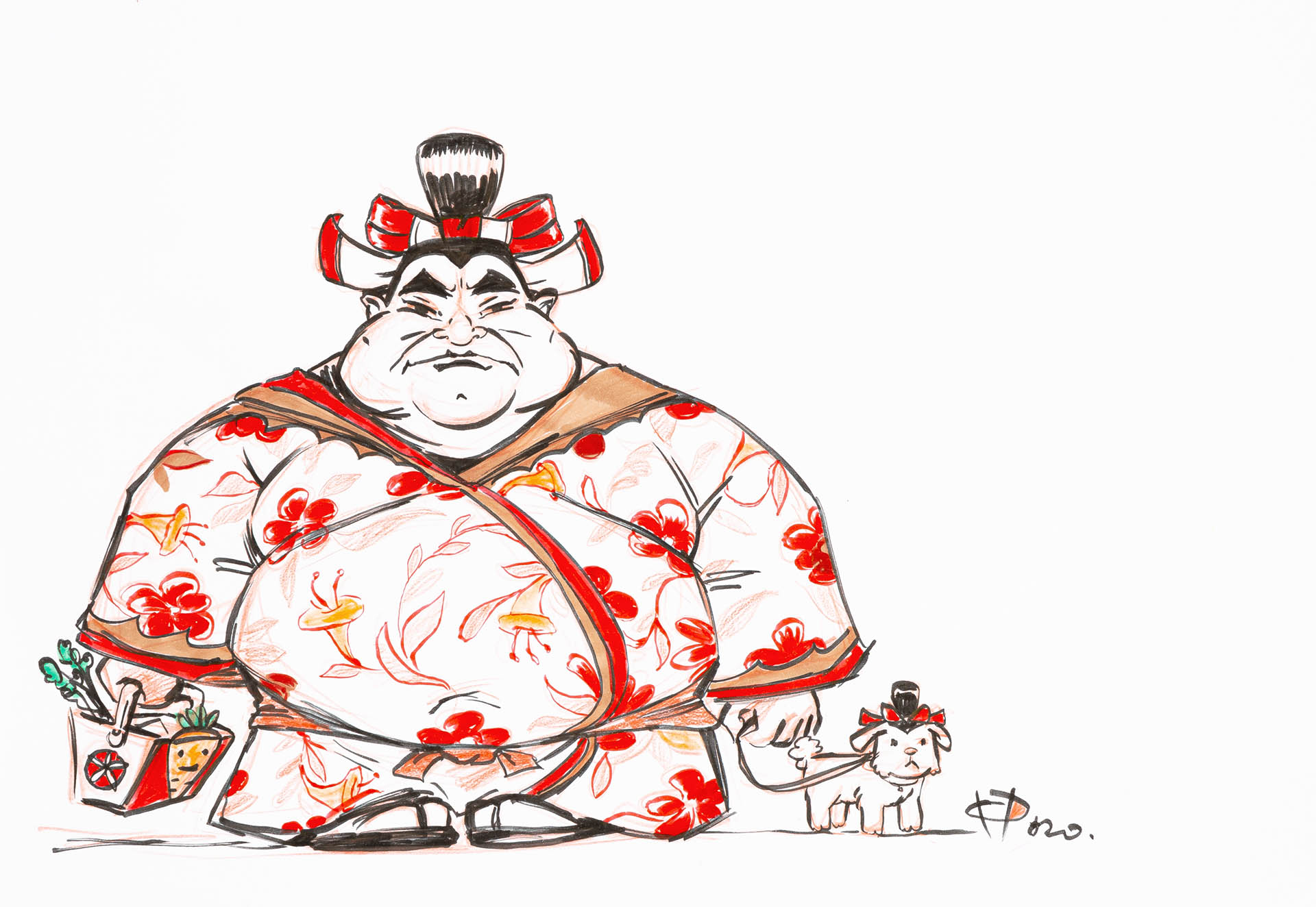 Sumo guy shopping with his dog